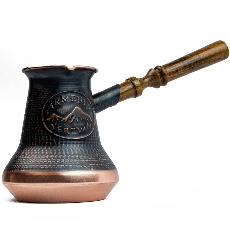 HandCraftoria Handmade Armenian Coffee Pot Maker Copper Jazva Ararat Turkish Arabic Greek Cezve Jezve Ibrik Turka Jazzve Jazve Wooden Handle (12 Fl Oz (355ml)) - Image 1